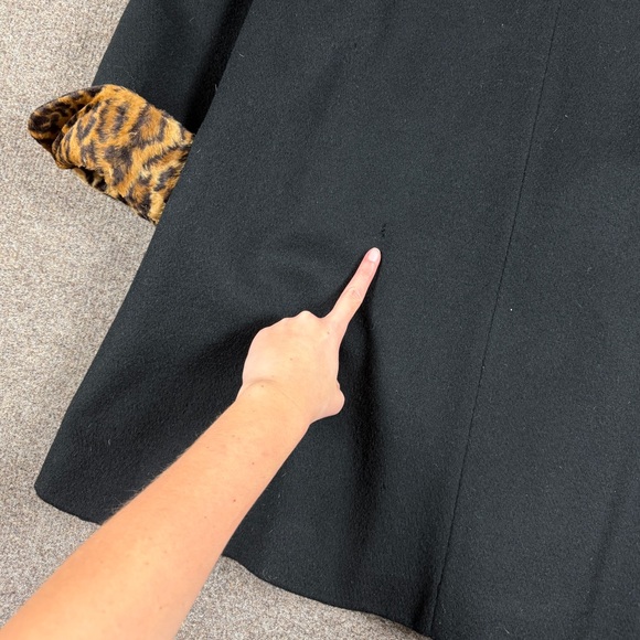 Vintage Black Open Front Wool Coat Leopard Fur Trim Women’s XL Mid Length Retro - Picture 13 of 16